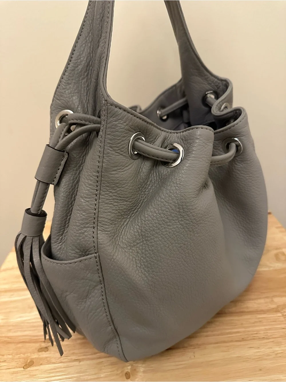 Michael Kors Gray Pebbled Leather Drawstring Hobo with Tassel